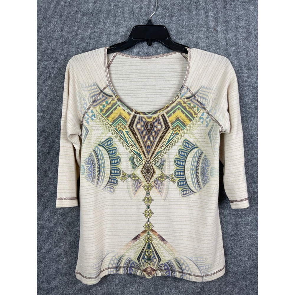 One World Top Womens Medium Beige Excellent Boho Graphic Metallic 3/4 Sleeve‎